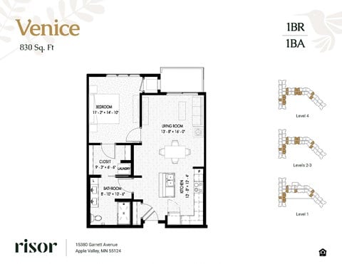 Floor plan for 1 bed, 1 bath, 830 sqft